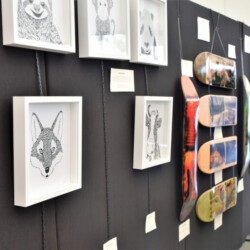 Picture hooks with S hooks and chains in use Hire Partitions for art show